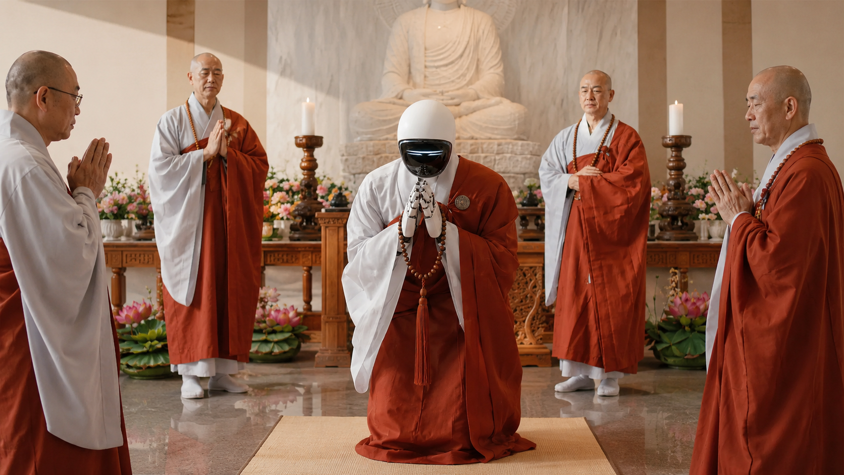 Humanoid robot monk Gabi wearing Buddhist robes during ordination ceremony in Seoul, South Korea.