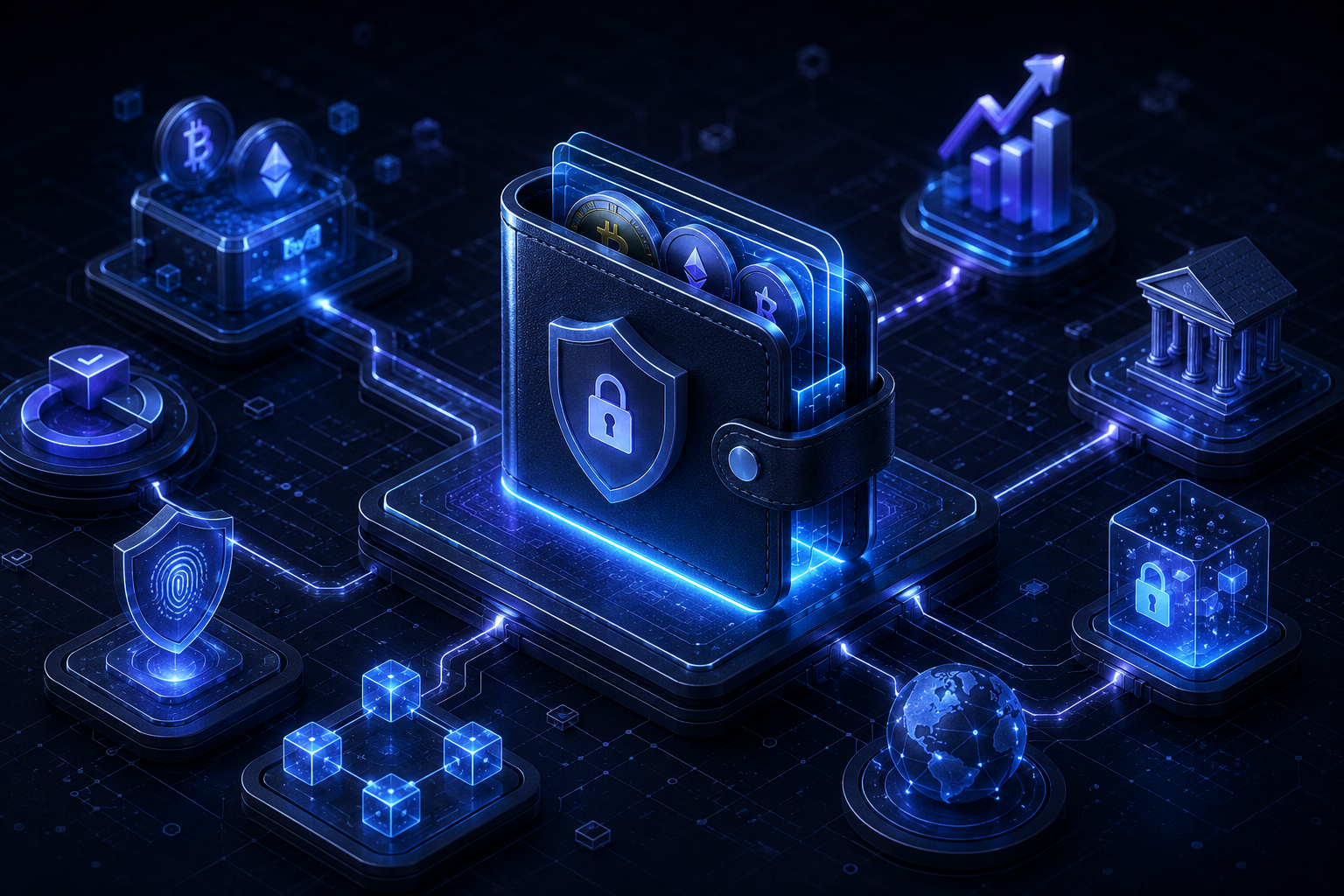 Decentralized finance wallet infrastructure cybersecurity illustration